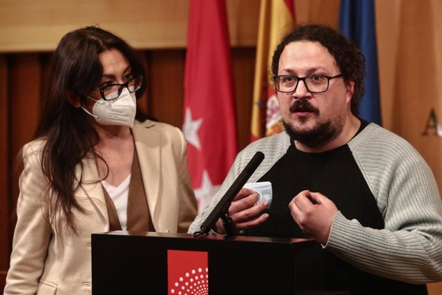 El portavoz adjunto del Grupo Parlamentario Unidas Podemos Izquierda Unida Madrid en Pie, Jacinto Morano, comparece en rueda de prensa después de una reunión de la Junta de Portavoces de la Asamblea de Madrid