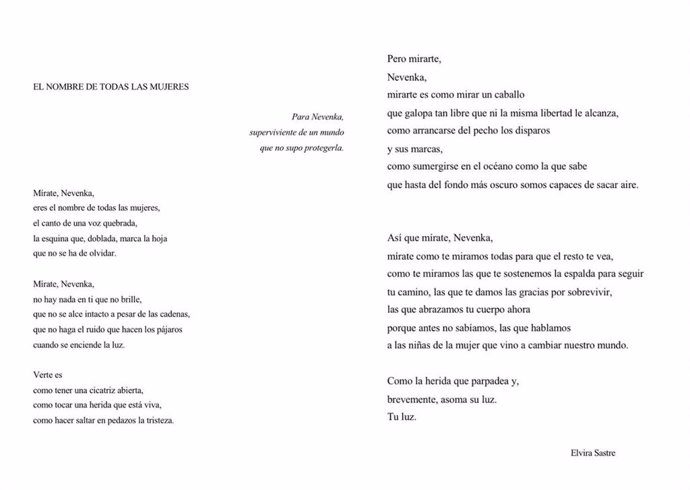 Poema publicado por la poeta Elvira Sastre y dedicado a Nevenka Fernández.