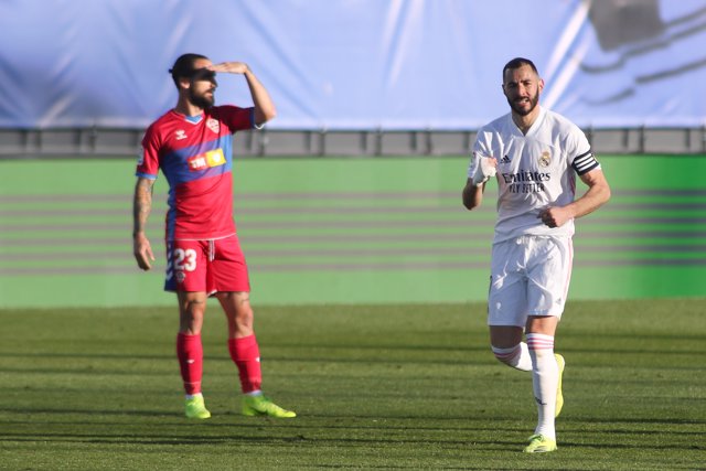 Karim Benzema of Real Madrid celebrates a goal during the spanish league, La Liga Santander, football match played between Real Madrid and Elche at Alfredo di Stefano stadium on March 13, 2021, in Valdebebas, Madrid, Spain.