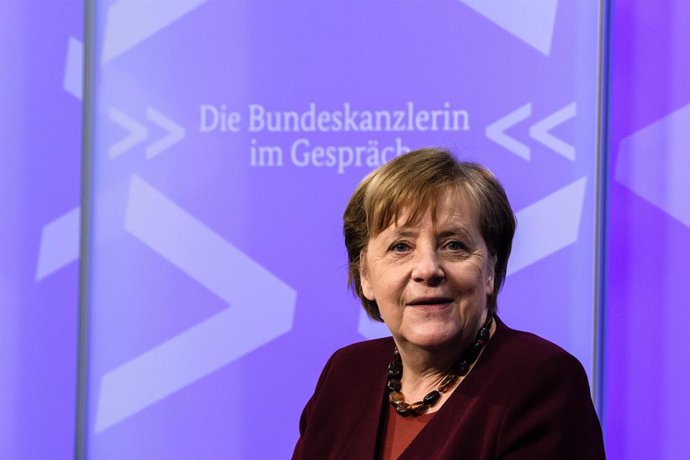 10 March 2021, Berlin: German Federal Chancellor Angela Merkel attends a video conference of the digital dialogue series "Interview with the Chancellor", during which Merkel engages in conversations with citizens. Photo: Clemens Bilan/EPA/EPA-EFE