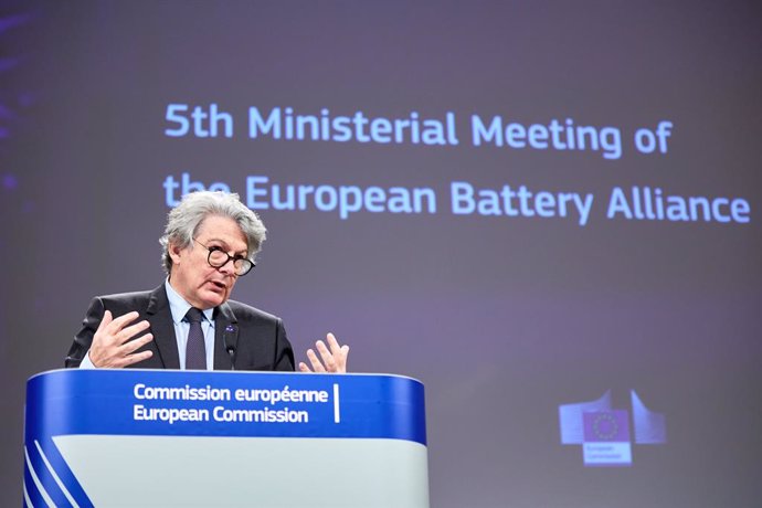 HANDOUT - 12 March 2021, Belgium, Brussels: European Commissioner for Internal Market Thierry Breton speaks during a press conference regarding the European Battery Alliance at EU headquarters in Brussels. Photo: Claudio Centonze/European Commission/dpa