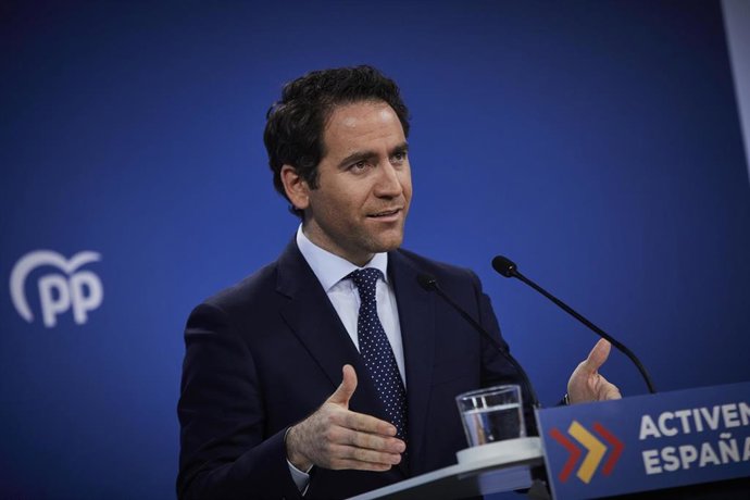 El secretario general del PP, Teodoro García Egea, ofrece una rueda de prensa en la sede del partido, en Madrid (España), a 10 de marzo de 2021. 