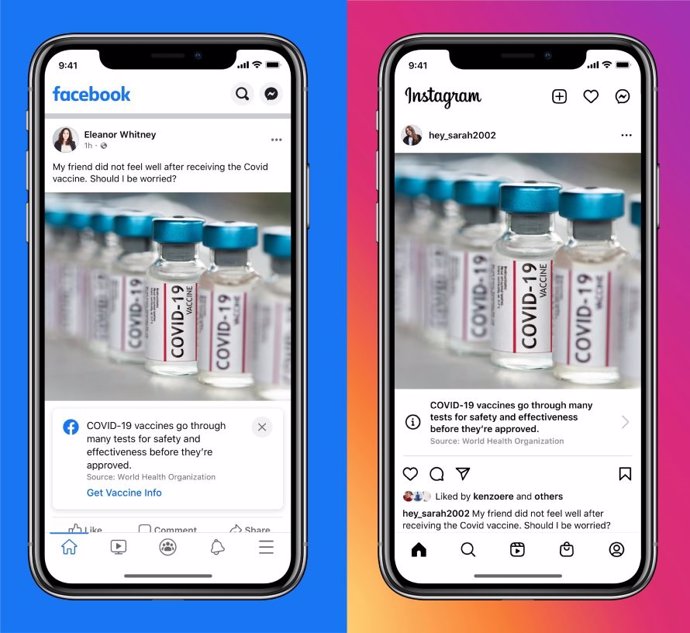 Etiquetas en publicaciones sobre la vacuna de la Covid en Facebook e Instagram.