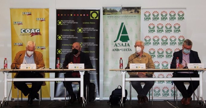 Miguel López (COAG-A), Rafael Leal (Cooperativas Agro-alimentarias), Ricardo Serra (Asaja-A) y Miguel Cobos (UPA-A).