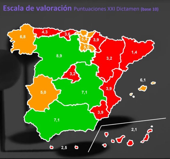 Mapa con la nota obtenida por la cada Comunidad en Atención a la Dependencia.
