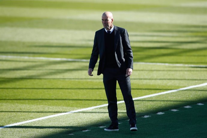 Zinedine Zidane, head coach of Real Madrid, looks on during the spanish league, La Liga Santander, football match played between Real Madrid and Elche at Alfredo di Stefano stadium on March 13, 2021, in Valdebebas, Madrid, Spain.
