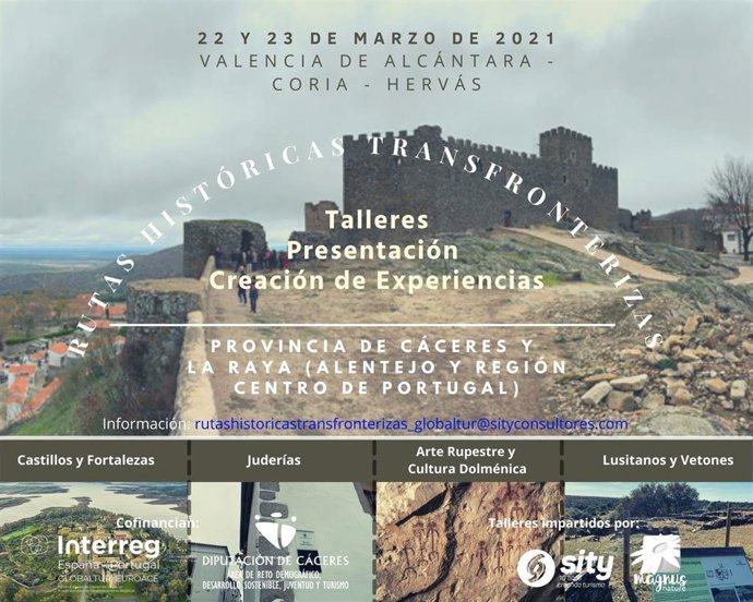 Cartel de los talleres sobre Rutas HIstóricas Transfronterizas que llevará a cabo la Diputación de Cáceres