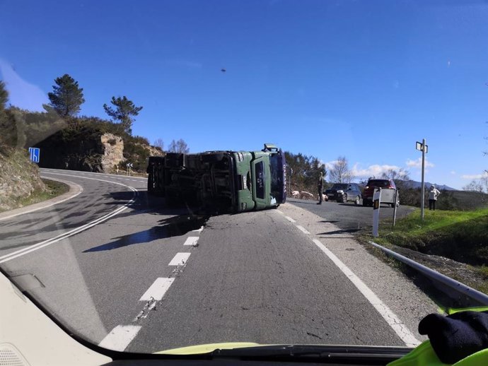 Vuelco de un camión que transportaba cerdos en la curva cerrada de O Alto do Rodicio, en Maceda (Ourense).