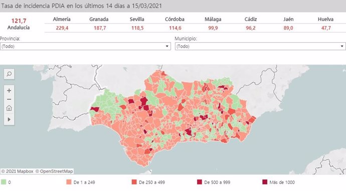 Mapa de Andalucía con nivel de incidencia de Covid-19 por municipios a 15 de marzo de 2021
