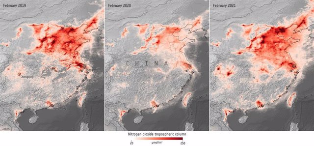 Concentraciones de diòxido de nitrógeno sobre China