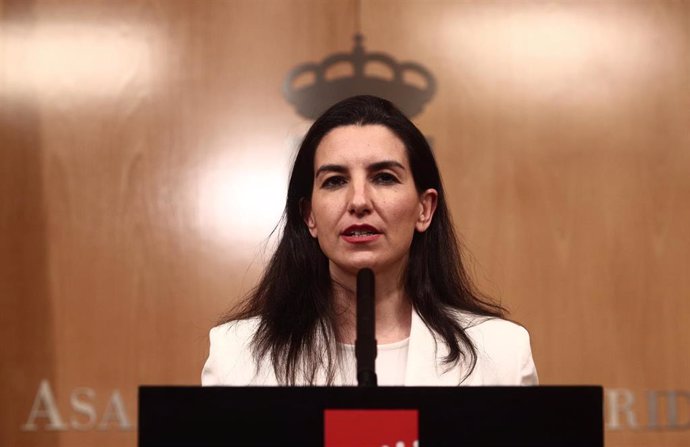 La portavoz de Vox, Rocío Monasterio, comparece en rueda de prensa después de una reunión de la Junta de Portavoces de la Asamblea de Madrid tras el anuncio regional de la convocatoria de elecciones.
