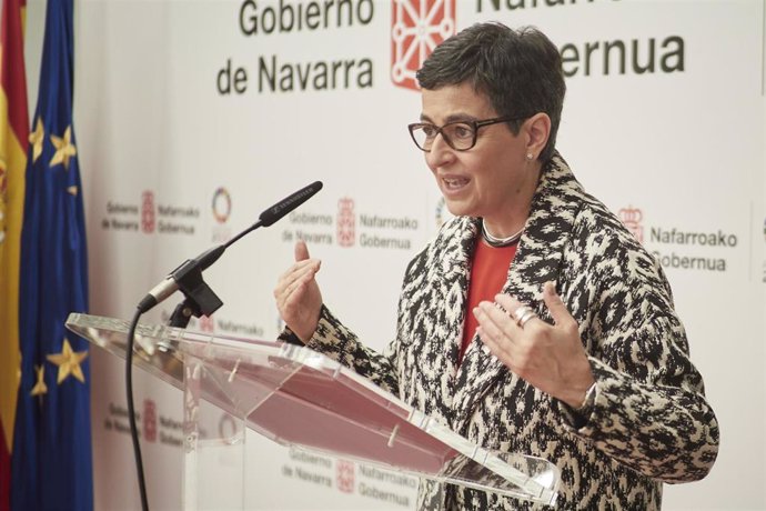 La ministra de Asuntos Exteriores, Unión Europea y Cooperación, Arancha González Laya interviene en el Palacio de Gobierno de Navarra, Pamplona, Navarra (España), a 5 de marzo de 2021.