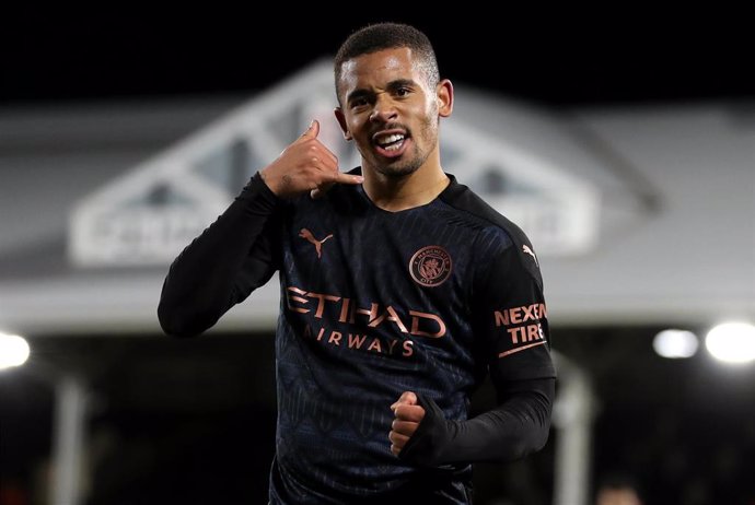 13 March 2021, United Kingdom, London: Manchester City's Gabriel Jesus celebrates scoring his side's second goal during the English Premier League soccer match between Fulham and Manchester City at Craven Cottage. Photo: Catherine Ivill/PA Wire/dpa