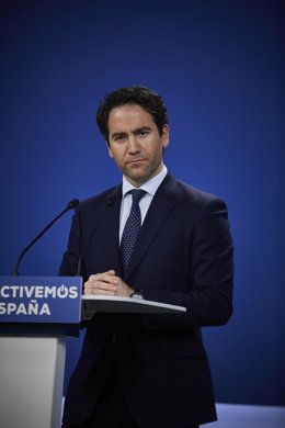 El secretario general del PP, Teodoro García Egea, ofrece una rueda de prensa en la sede del partido, en Madrid (España), a 10 de marzo de 2021. 