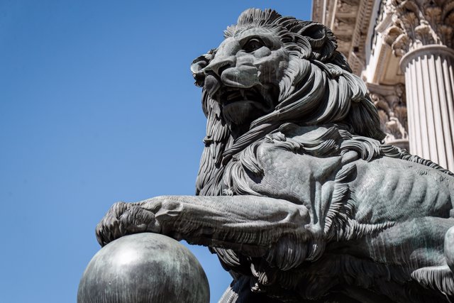 Uno de los emblemáticos leones que se encuentran delante de la fachada del Congreso de los Diputados en la Plaza de las Cortes de Madrid.