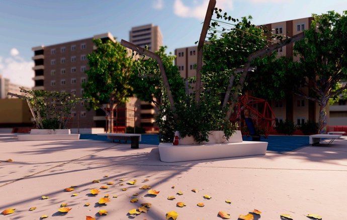 Recreación virtual de instalación de elementos en el jardín de Centrofama