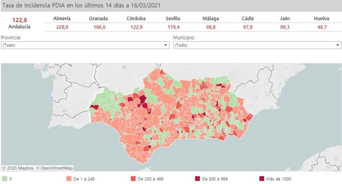 Mapa de Andalucía con nivel de incidencia de Covid-19 por municipios a 16 de marzo de 2021