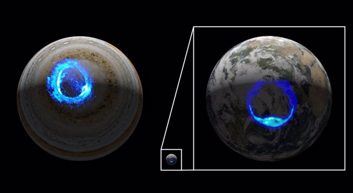 Esta ilustración muestra auroras polares ultravioleta en Júpiter y la Tierra.