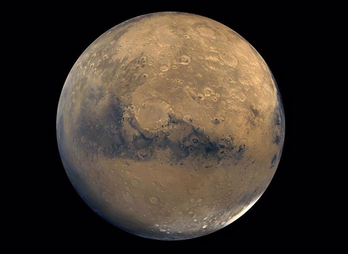 Esta vista global de Marte se compone de unas 100 imágenes de Viking Orbiter.