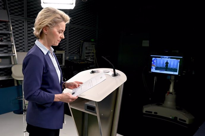 HANDOUT - 23 February 2021, Belgium, Brussels: European Commission President Ursula von der Leyen prepares her speech at the opening of the Europe's flagship annual event on industry EU Industry Days 2021. Photo: Etienne Ansotte/European Commission/dpa 