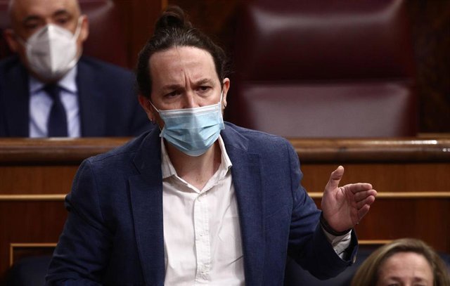 El vicepresidente segundo del Gobierno, Pablo Iglesias, interviene durante una sesión de control al Gobierno en el Congreso de los Diputados, en Madrid (España), a 10 de marzo de 2021. 