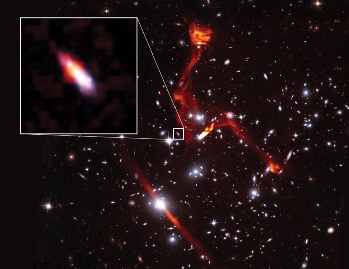 Imagen de radio VLA superpuesta a una imagen del telescopio espacial Hubble del cúmulo de galaxias MACSJ0717.5 + 3745.