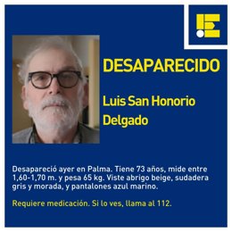 El Servicio de Emergencias 112 informa de la desaparición en Palma de Luis San Honorio Delgado.