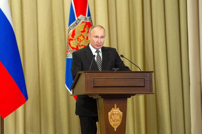 HANDOUT - 24 February 2021, Russia, Moscow: Russian President Vladimir Putin speaks during a meeting of the board of the Russian Federal Security Service (FSB). Photo: -/Kremlin /dpa - ATTENTION: editorial use only and only if the credit mentioned above