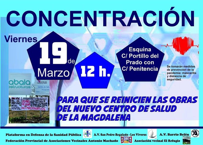 Convocatoria de la concentración para denunciar la paralización de las obras del Centro de Salud de La Magdalena, en Valladolid.