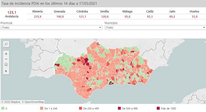 Mapa de Andalucía con nivel de incidencia de Covid-19 por municipios a 17 de marzo de 2021