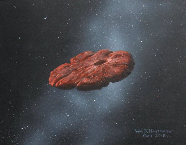 Concepto del artista del objeto interestelar 'Oumuamua como un disco en forma de panqueque.