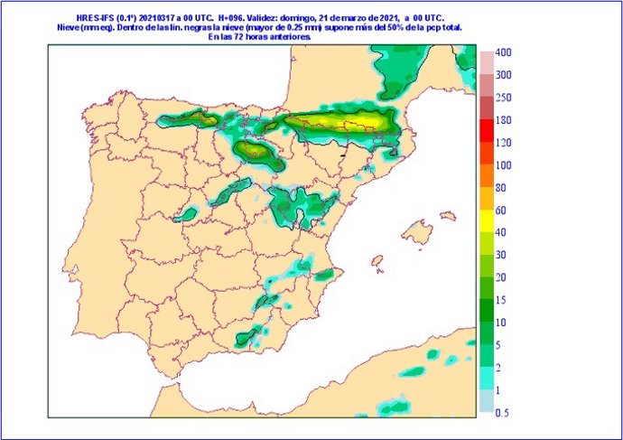 Mapa facilitado por la Aemet sobre la previsión meteorológica en CyL para el puente de San José