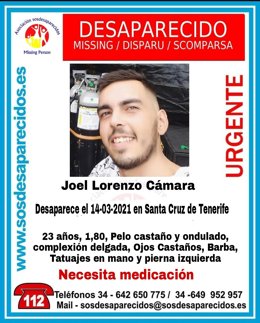 Cartel de 'sosdesaparecidos' con la fotografía de Joel Lorenzo Cámara