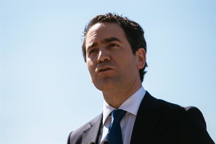 El secretario general del PP, Teodoro García Egea, durante una rueda de prensa en Mérida, Badajoz, Extremadura (España), a 16 de marzo de 2021