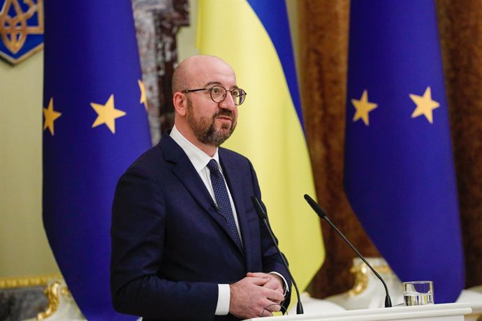 HANDOUT - 03 March 2021, Ukraine, Kiev: European Council President Charles Michel speaks during a joint press conference with Ukrainian President Volodymyr Zelensky (not pictured) following talks on Crimean Platform summit and calling on the European Un