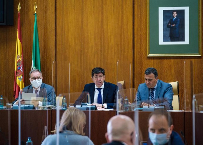El vicepresidente de la Junta de Andalucía y consejero, Juan Marín, este jueves en su comparecencia en comisión parlamentaria.