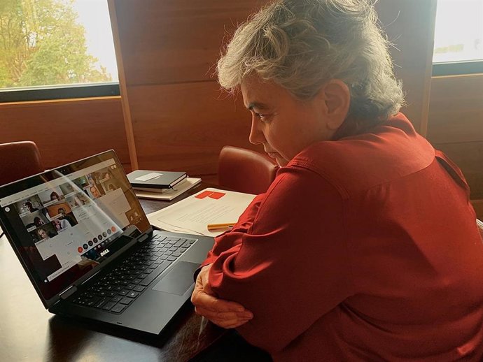 Archivo - La alcaldesa de Gijón, Ana Gonzalez, en rueda de prensa telemática (Archivo)