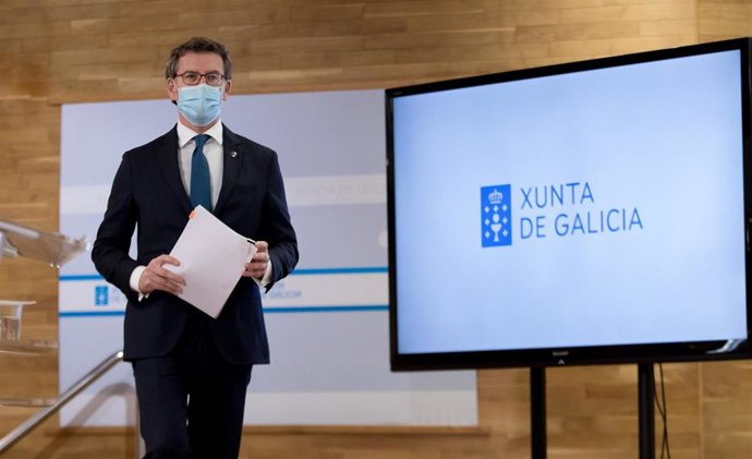 El presidente gallego, Alberto Núñez Feijóo, en la rueda de prensa posterior al Consello de la Xunta del 18 de marzo de 2021