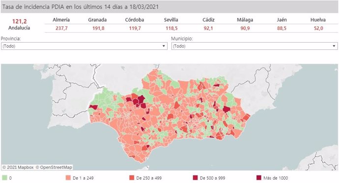 Mapa de Andalucía con nivel de incidencia de Covid-19 por municipios a 18 de marzo de 2021