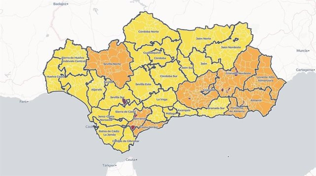 Mapa de Andalucía con niveles de alerta por Covid-19 por municipios vigente desde las 00.00 horas del 19 de marzo