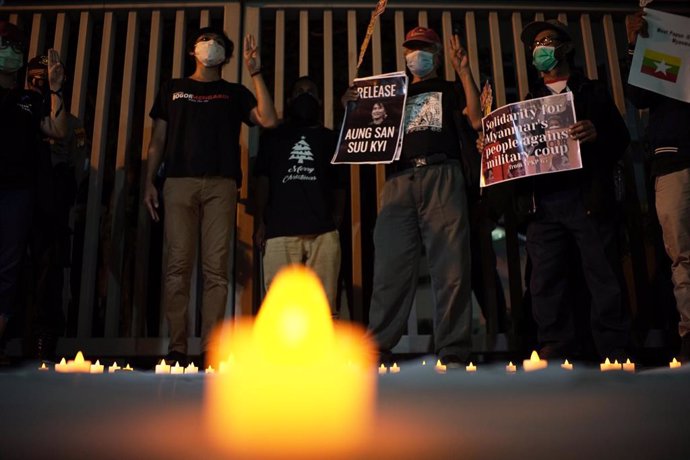12 March 2021, Indonesia, Jakarta: Protesters from Milk Tea Alliance Indonesia hold a solidarity rally for the people of Myanmar in front of ASEAN Building. Photo: Muhammad Zaenuddin/ZUMA Wire/dpa