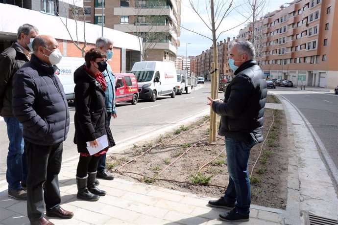 La concejal de Medio Ambiente del Ayuntamiento de Valladolid observa el arbolado plantado en la calle Manuel Azaña de Parquesol.