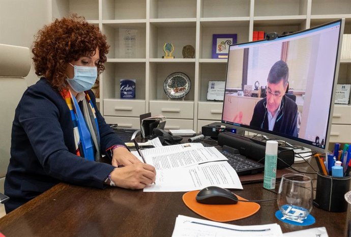 La presidenta del organismo provincial, María Eugenia Limón, en su encuentro, por videoconferencia, con el presidente de Segittur, Enrique Martínez Marín.
