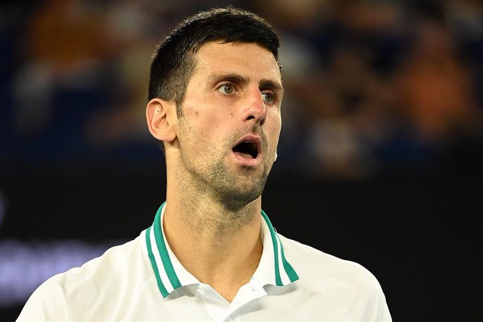 Novak Djokovic of Serbia reacts during his Men's singles semifinals match against Aslan Karatsev of Russia on Day 11 of the Australian Open at Melbourne Park in Melbourne, Thursday, February 18, 2021. (AAP Image/Dave Hunt) NO ARCHIVING, EDITORIAL USE ON