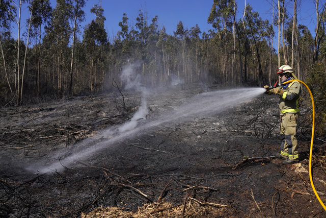 Un bombero apaga el incendio forestal en la parroquia de Figueriras en Santiago de Compostela, A Coruña, Galicia (España), a 20 de marzo de 2021. 