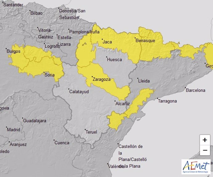 Avisos amarillos por vientos y bajas temperaturas en varias zonas de Aragón.
