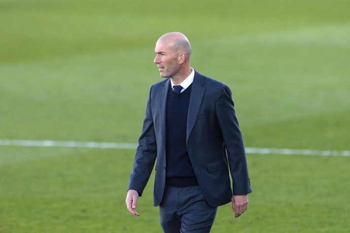 Zinedine Zidane, head coach of Real Madrid, looks on during the spanish league, La Liga Santander, football match played between Real Madrid and Elche at Alfredo di Stefano stadium on March 13, 2021, in Valdebebas, Madrid, Spain.