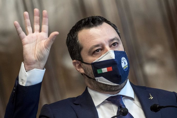 Archivo - 06 February 2021, Italy, Rome: Matteo Salvini, Federal Secretary of the Northern League speaks during a press conference at the Chamber of Deputies on the consultations of designated-prime minister Mario Draghi, for the formation of a new gove