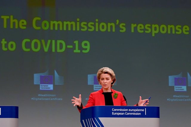 HANDOUT - 17 March 2021, Belgium, Brussels: European Commission President Ursula von der Leyen speaks during a press conference on the Commission's response to COVID-19 and the EU new vaccine certificate. The European Commission on Wednesday proposed th