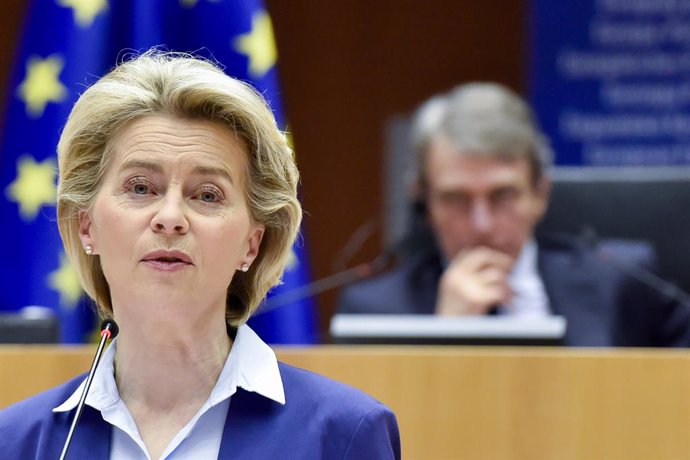 HANDOUT - 10 March 2021, Belgium, Brussels: European Commission President Ursula von der Leyen speaks during the signing ceremony to launch the Conference of the Future of Europe at the European Parliament in Brussels. Photo: Eric Vidal/European Parliam